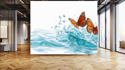 Two vibrant butterflies dance above shimmering water, creating a serene and beautiful nature scene, perfect for any artistic project. Wall mural