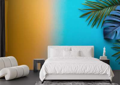 Vibrant tropical background featuring colorful palm leaves against a bright blue and orange gradient. Wall mural