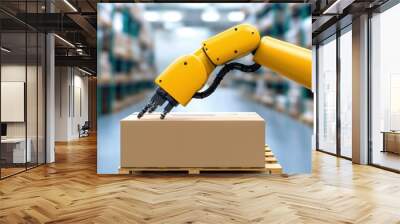 Warehouse automation, Utilization of robotic in the warehouse automates, Robotic arm handling a box in a modern warehouse setting, showcasing automation and efficiency in logistics. Wall mural