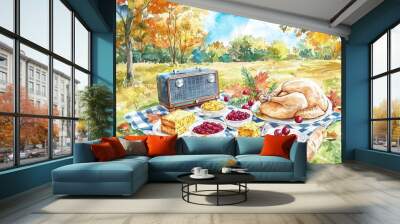 1970s Thanksgiving picnic in a sunny park Wall mural