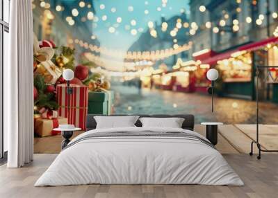 A festive Christmas market with twinkling lights, red background Wall mural