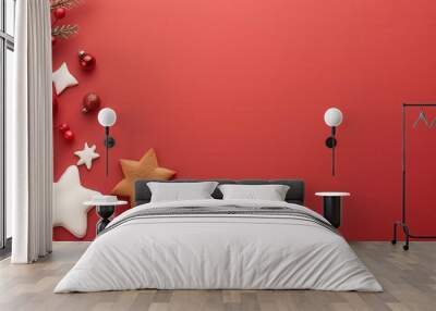 Christmas cookies shaped like stars and trees, red background Wall mural