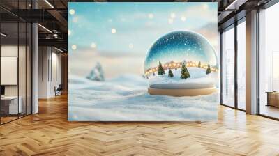 Earth turning inside a snow globe, Christmas lights twinkling around, snowy landscape, cute cartoon 3D illustration Wall mural