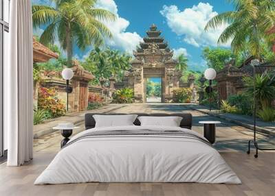 Traditional Balinese temple complex with ornate gates  in a vibrant, detailed shot with rich colors and intricate carvings set against a lush, tropical background Wall mural