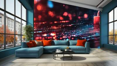 A digital lock surrounded by vibrant colors representing data security and protection in a modern tech environment. Wall mural