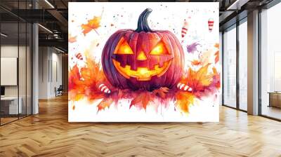 A watercolor illustration of a smiling jackolantern with glowing eyes, surrounded by floating autumn leaves and candy corn, isolated on a white background Wall mural