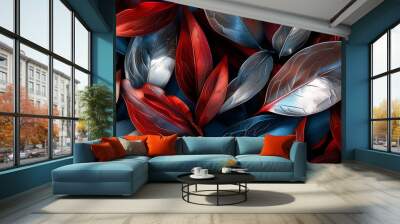 Abstract leaves in red, blue, and silver, modern design, high contrast lighting Wall mural