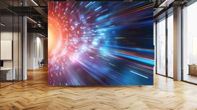 Abstract space warp, vibrant colors, dynamic motion towards a bright light Wall mural