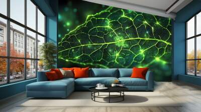 Close-up of a vibrant green leaf with intricate veins and glowing details, symbolizing nature and sustainability. Wall mural