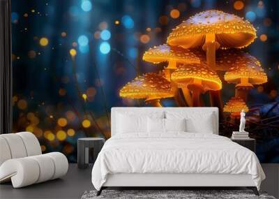 Glowing mushrooms in dark forest, bioluminescent, magical Wall mural