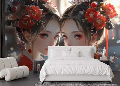 Two women in traditional Asian attire with floral hairpieces, beautifully captured in a delicate and serene setting. Wall mural