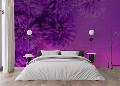 Beautiful abstract color purple and pink flowers on lightning background and white flower frame and purple leaves texture, white background, colorful flowers banner happy valentine Wall mural