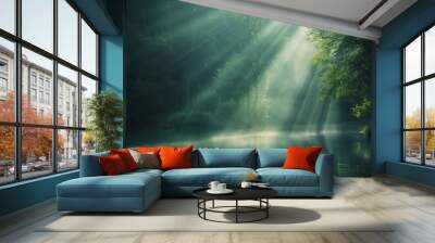 rays of sunlight stream through trees, reflecting off a serene river, evoking a peaceful and enchant Wall mural