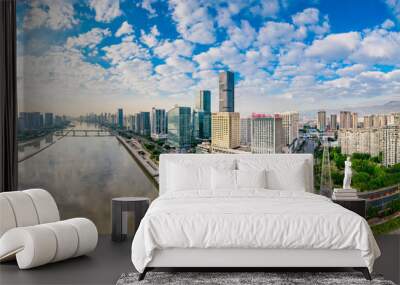 Urban scenery on both sides of minjiang river, fuzhou city, fujian province, China Wall mural