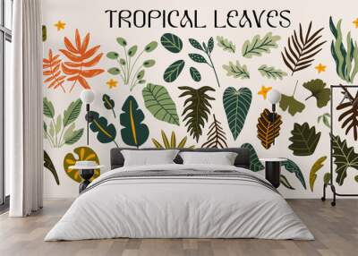 Cartoon tropical plants vector illustration set for design. Different types of exotic leaves funky groovy decorative elements kit. Collection of botanical shapes forms sticker bundle Wall mural