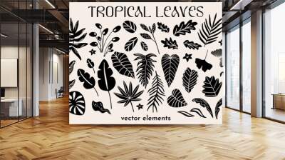 Cartoon tropical plants vector illustration set for design. Different types of exotic leaves funky groovy decorative elements kit. Collection of botanical shapes forms sticker bundle Wall mural