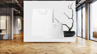 2 white paper bags for mockup with white background, 3d Illustration, 3d rendering Wall mural