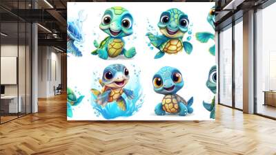 set of funny cartoon sea turtles, isolated background png, sea turtle watercolor, generated ai Wall mural