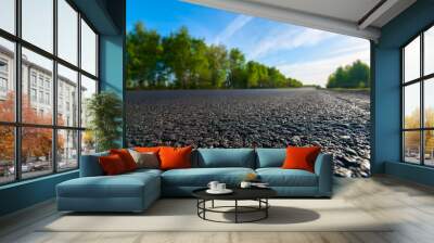 black asphalt road closeup tarmac view scenery with blurred background. Selective focus. Wall mural