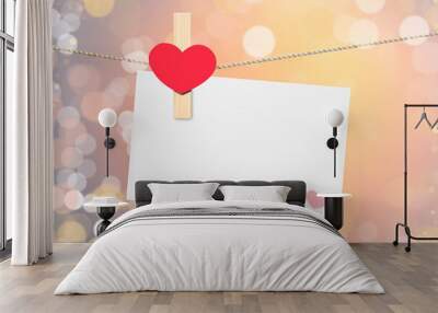 decorative red heart with blank greeting card hanging on golden light bokeh background with space for text Wall mural