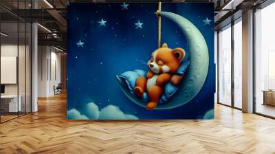 A cute red panda sleeping on a crescent moon with stars in the background. Wall mural