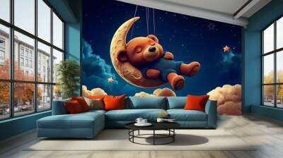 A teddy bear sleeps soundly on a crescent moon swing against a starry night sky. Wall mural