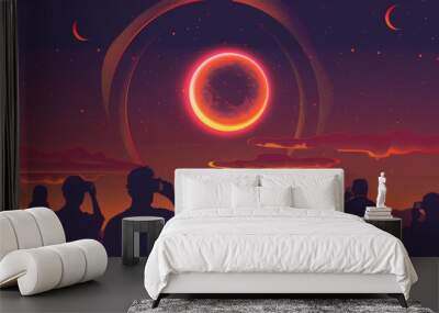 Silhouettes of people watching a red celestial event in the night sky. Wall mural