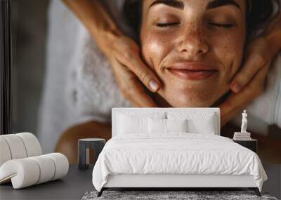 A closeup portrait of an attractive woman in her late thirties, smiling and relaxing while receiving a facial massage at a spa salon. A white towel is on her shoulders. Soft light illuminates her skin Wall mural