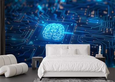 Abstract blue digital technology background with chip and brain icon on dark virtual circuit board for business, scifi, science fiction concept


 Wall mural