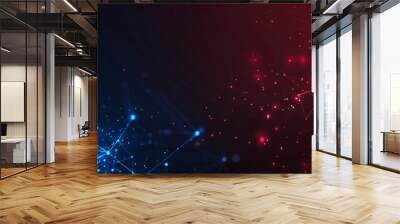 Abstract red and blue background with glowing polygonal lines, dots and particles on dark space for technology concept. Wall mural