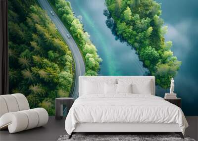 Aerial view of a car driving on a highway road in a green forest and by a lake with blue water, during the summer time, of a scandinavian country landscape, from a top down view. Wall mural