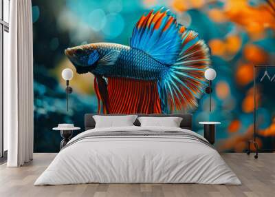 Beautiful betta fish, close-up of the tail and fins. The colors blue with red details. The background is an abstract pattern in shades of turquoise and orange. Wall mural