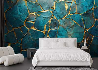 blue art wallpaper with a gold tile background, in the style of glass fragments art, high detailed, cracked, dark turquoise and light bronze, shaped canvas, mosaic-like, Wall mural