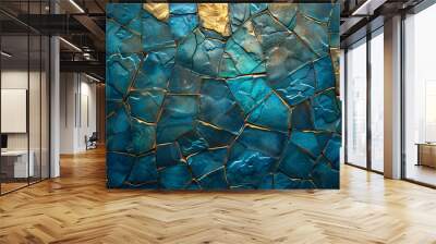 blue art wallpaper with a gold tile background, in the style of glass fragments art, high detailed, cracked, dark turquoise and light bronze, shaped canvas, mosaic-like, Wall mural