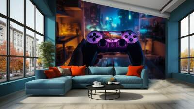 Hands guiding a computer game controller in front of a blurry light background, in the style of luxurious, neon-lit urban, high-angle, rounded, spatial, creased, iso 200
 Wall mural