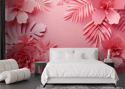 
Photo of a pink paper cut background with tropical leaves and flowers. A flat lay, top view. A minimal concept for a design template Wall mural