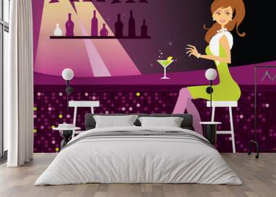 Woman in bar. Vector illustration. Wall mural