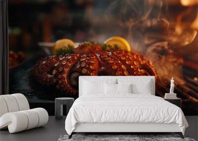 close up photo of grilled octopus fillet, delicious  food, octopus steak, fire cooking Wall mural