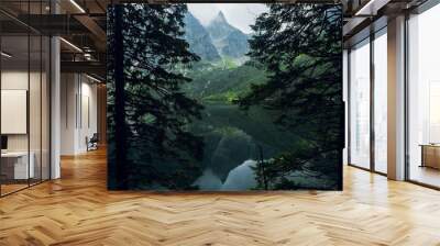 Beautiful view of foggy mountains cover by dark clouds and green forest with a reflection in a lake. Stony shore. Morskie Oko. Marine Eye. High Tatras, Zakopane Wall mural