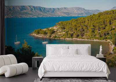 Top view of tranquil bay in Brac island with motor yachts and residential buildings. Green nature and rocky mountains around. Beautiful landscapes in Croatia. Wall mural