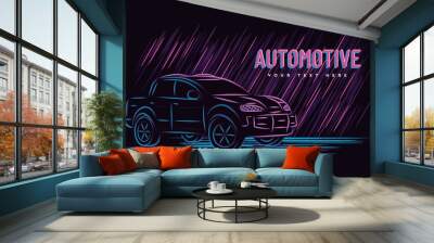 Illustration vector graphic of car automotive concept with line art neon sign style, Good for t shirt, banner, poster, landing page, flyer. Wall mural