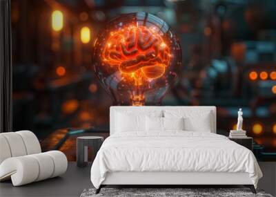 light bulb with a glowing brain Wall mural