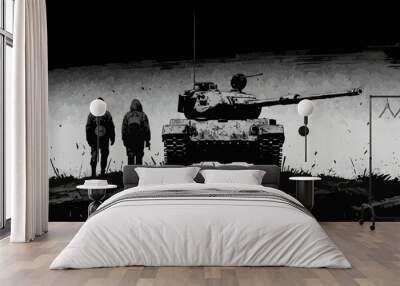 Outlined vectorized silhouettes of armored tanks, depicting military vehicles for defense Wall mural