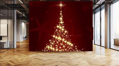 Dark red Christmas card with shining golden Christmas tree Wall mural