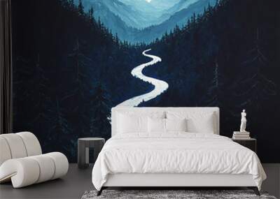 A river looking like a ribbon flowing out from a forest, down a mountain to a distant sea. Wall mural