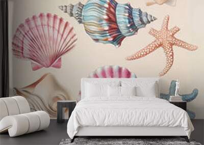 A vintage pastel shell illustration with a variety of shells arranged on a beige background. In vintage Wall mural