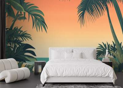 an illustrative beach background with tropical leaves and palm trees. The sky is an orange sunse Wall mural