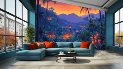 Colorful illustration of Chiang Mai, Summer night atmosphere, palm trees and other summer plant Wall mural