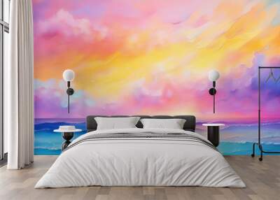 colorful pastel background abstract watercolor sunset sky clouds in pink blue yellow and purple abstract ocean wave brushstrokes art for easter beach travel pastel impasto paint banner by vita Wall mural