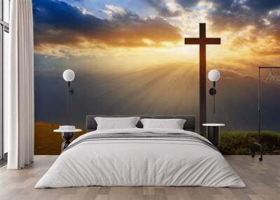 cross on blurry sunset background Wall mural